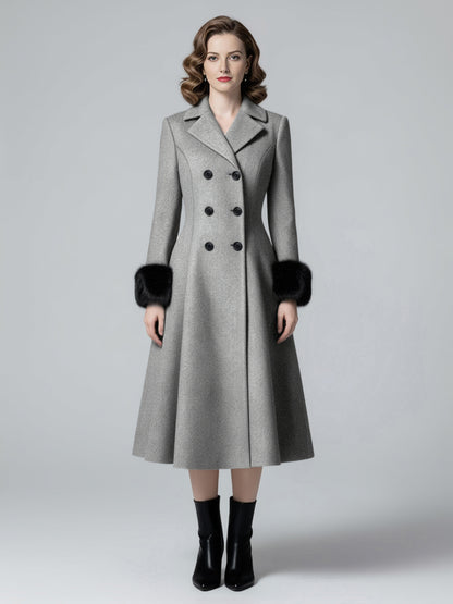 Wool Blend Double-breasted Midi Flared Coat with black Faux Fur Cuffs For Women 2026