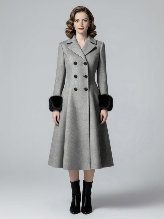 Wool Blend Double-breasted Midi Flared Coat with black Faux Fur Cuffs For Women 2026