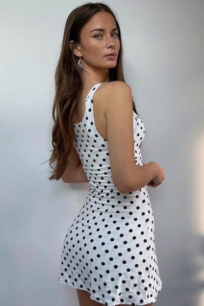 Polka Dot V-Neck Drawstring Tie Cami Bodycon Mini Dress