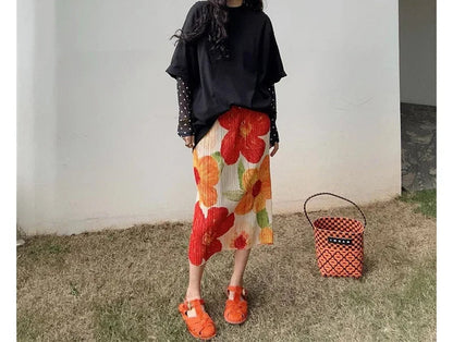 Vintage Floral Print Pleated Midi High Waist Slit A-Line Skirt