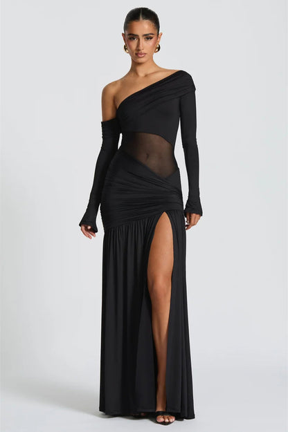 Off Shoulder Long Sleeve Mesh Panel Ruched High Split Maxi Dress