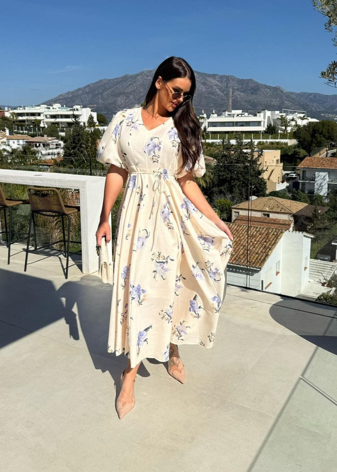 Beige Floral Puff Sleeve Maxi Dress – Elegant V-Neck A-Line Gown