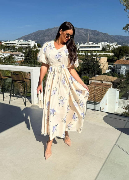 Beige Floral Puff Sleeve Maxi Dress – Elegant V-Neck A-Line Gown