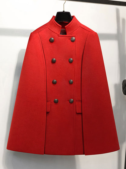 Woolen Poncho Coat Stand Collar Double Breasted Women Cape Outerwear