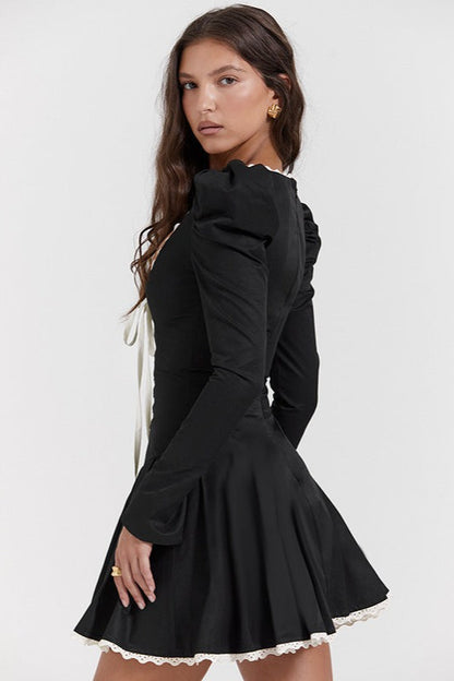 Contrast Lace Trim Corset Lace Up Long Sleeve Ruffle Hem Mini Dress