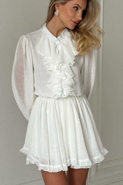 Stand Collar Ruffle Front Bishop Sleeve Flared Hem Mini Dress