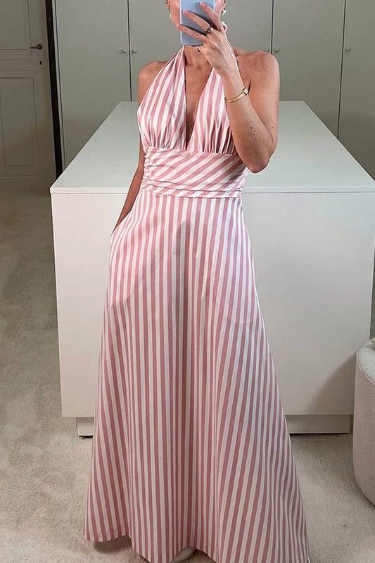 Pink V-neck striped backless dress