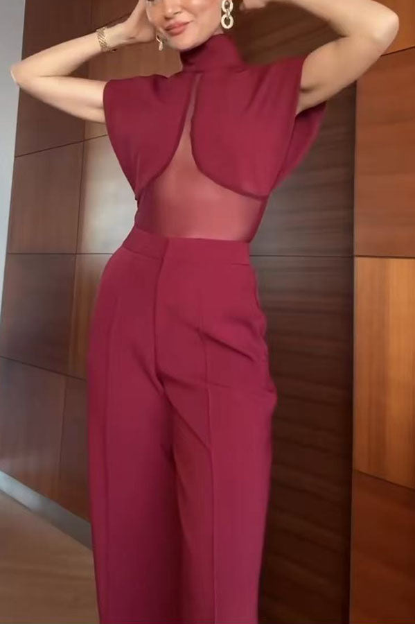 Vita Mesh Patchwork High Neck Wide Sleeve Bodysuit and High Rise Pocket Slit Pants Set
