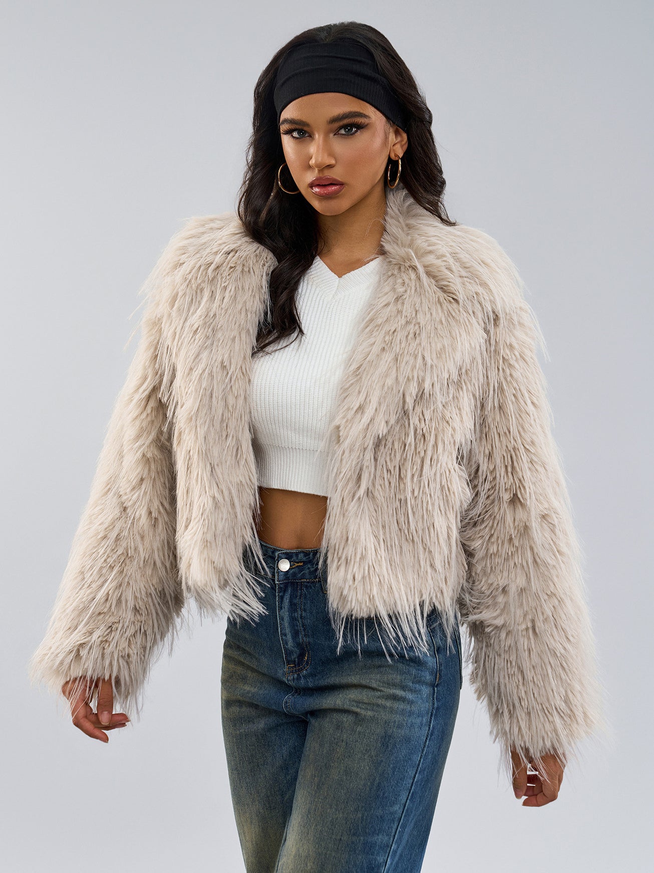Faux Fur Coats Apricot Long Sleeves Faux Fur Jacket Winter Coat