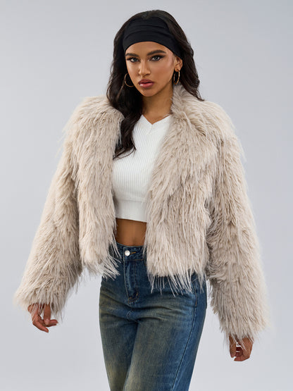 Faux Fur Coats Apricot Long Sleeves Faux Fur Jacket Winter Coat