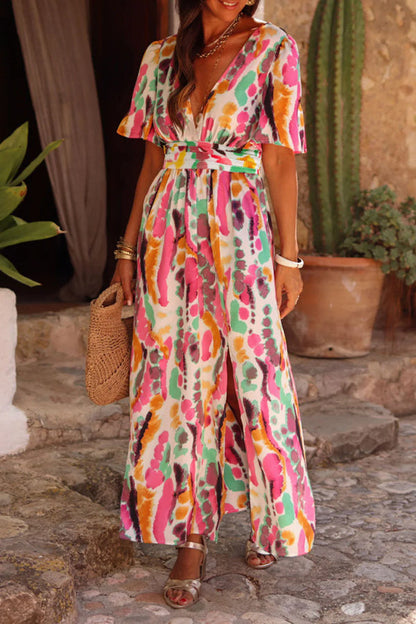 Boho Tie-dye Print V Neck Maxi Dress