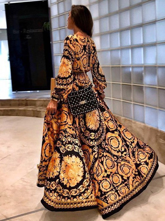 Boho Maxi Dresses Long Sleeves Printed V-Neck Slit Long Dress For Women