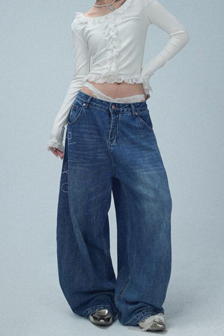 Embroidered High Rise Wide Leg Jean