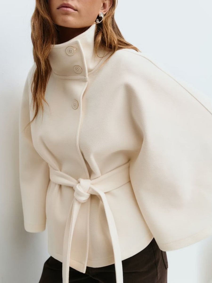 Solid Color Cape With Stand Collar, Button Belt And Short Style Coats