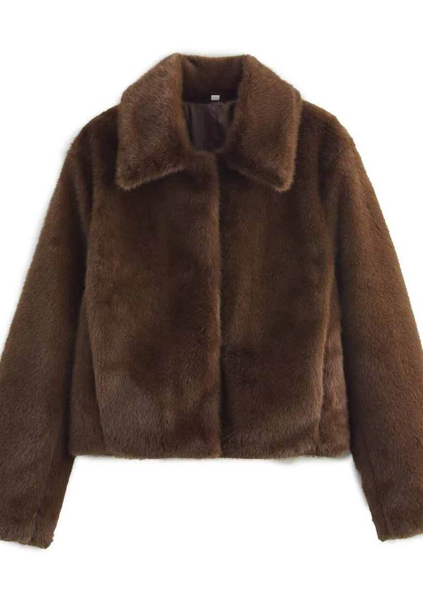 Plush Faux Fur Short Coat – Dark Brown