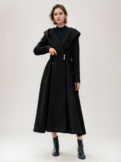 Flared Woolen Coat For Woman Hooded Gray Belted A-line Winter Long Outerwear 2026