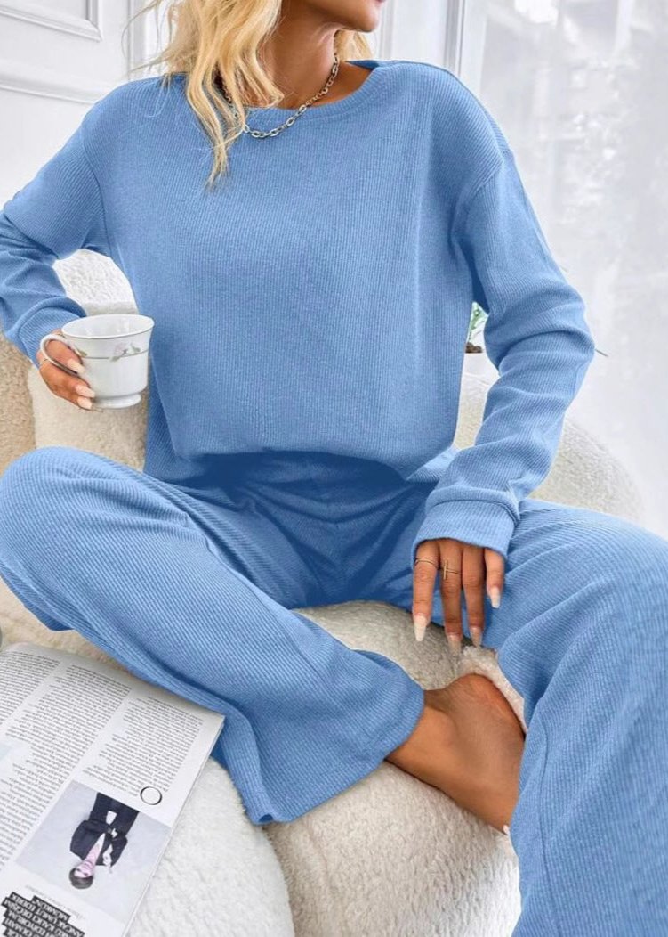 Sky Blue Ribbed Knit Lounge Set