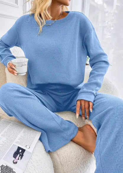 Sky Blue Ribbed Knit Lounge Set