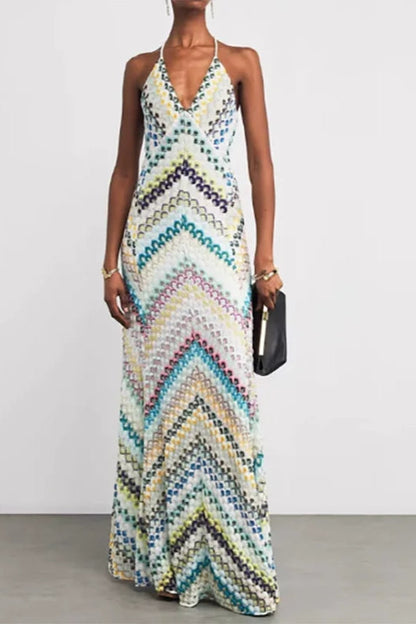 Chevron Print Halter Deep V-Neck Sleeveless Maxi Dress