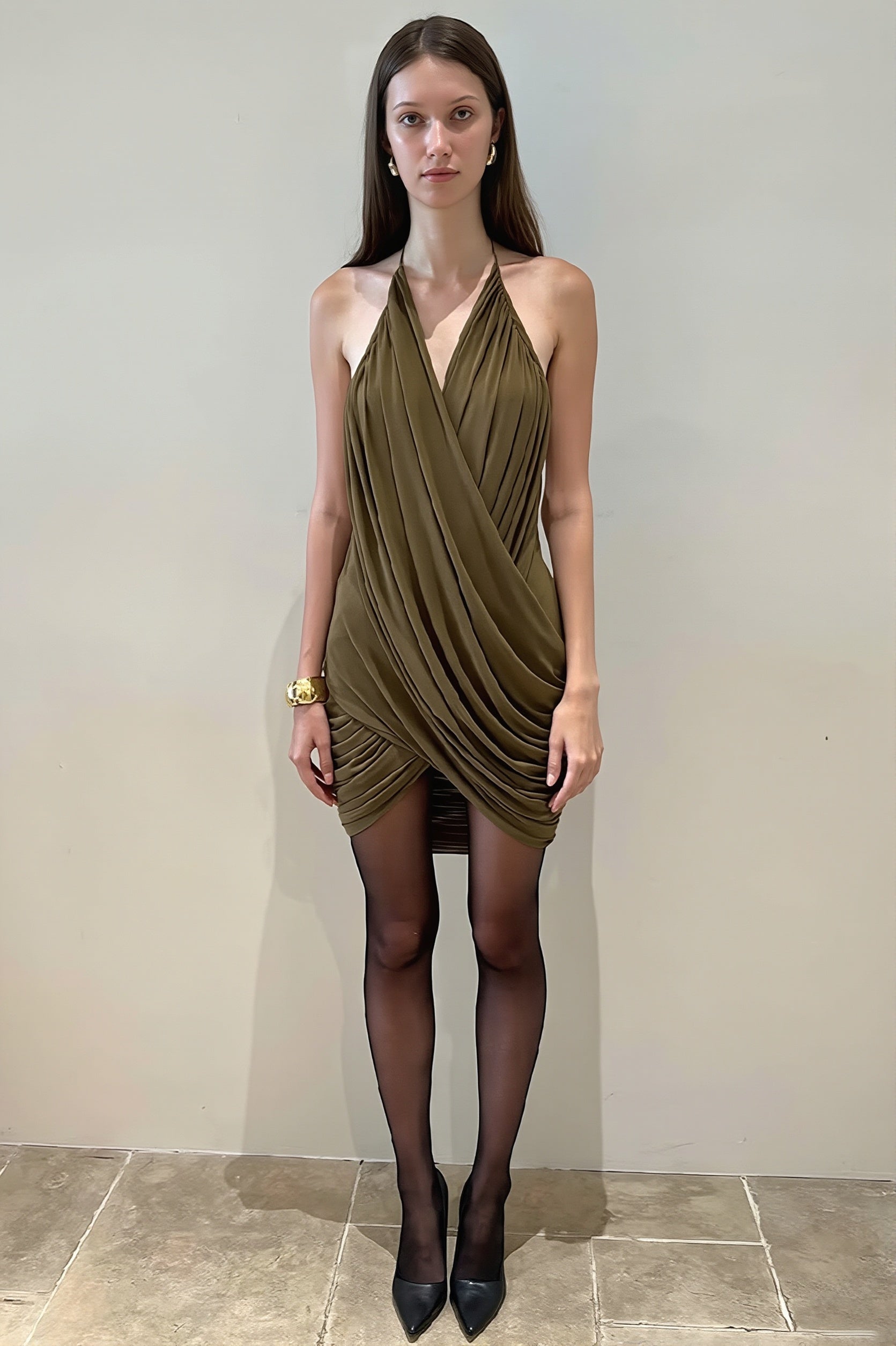 Ruched Draped Halter Plunge V-Neck Wrap Mini Dress