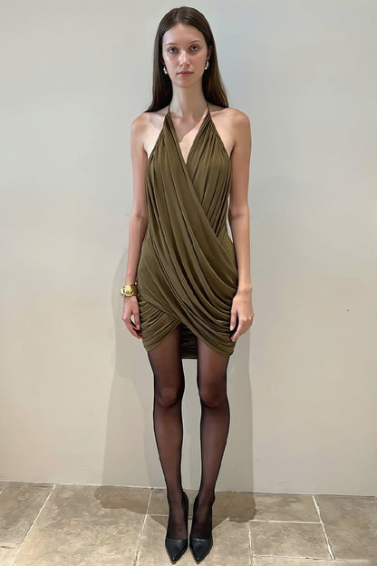 Ruched Draped Halter Plunge V-Neck Wrap Mini Dress