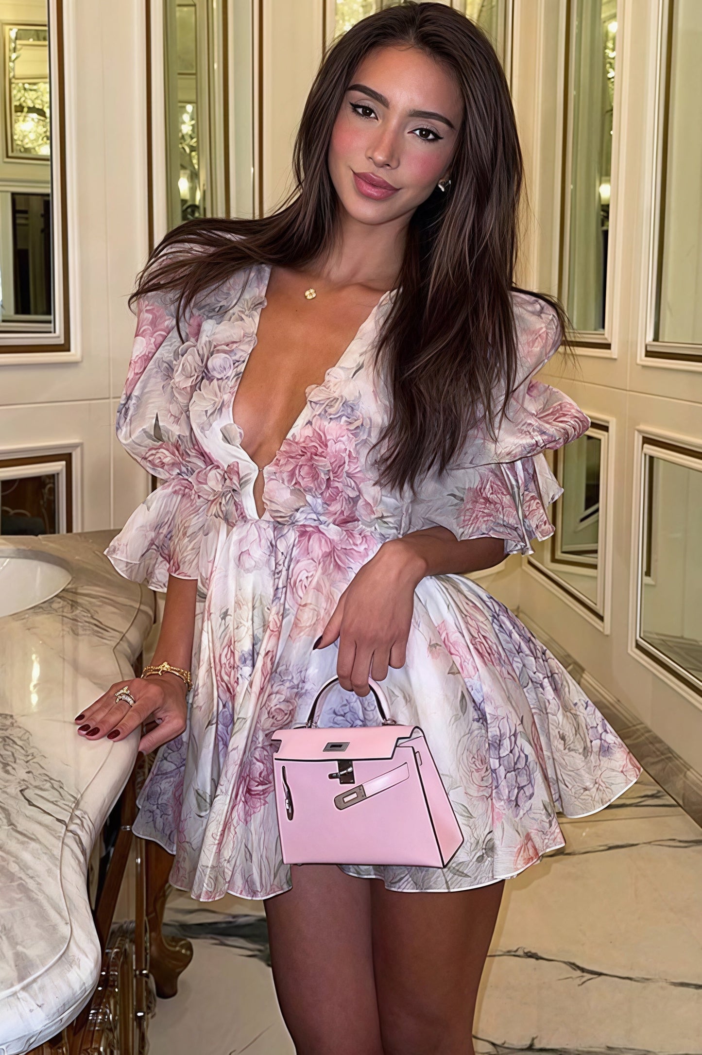Floral Chiffon Deep V-Neck Puff Sleeve Ruffle Hem A-Line Mini Dress