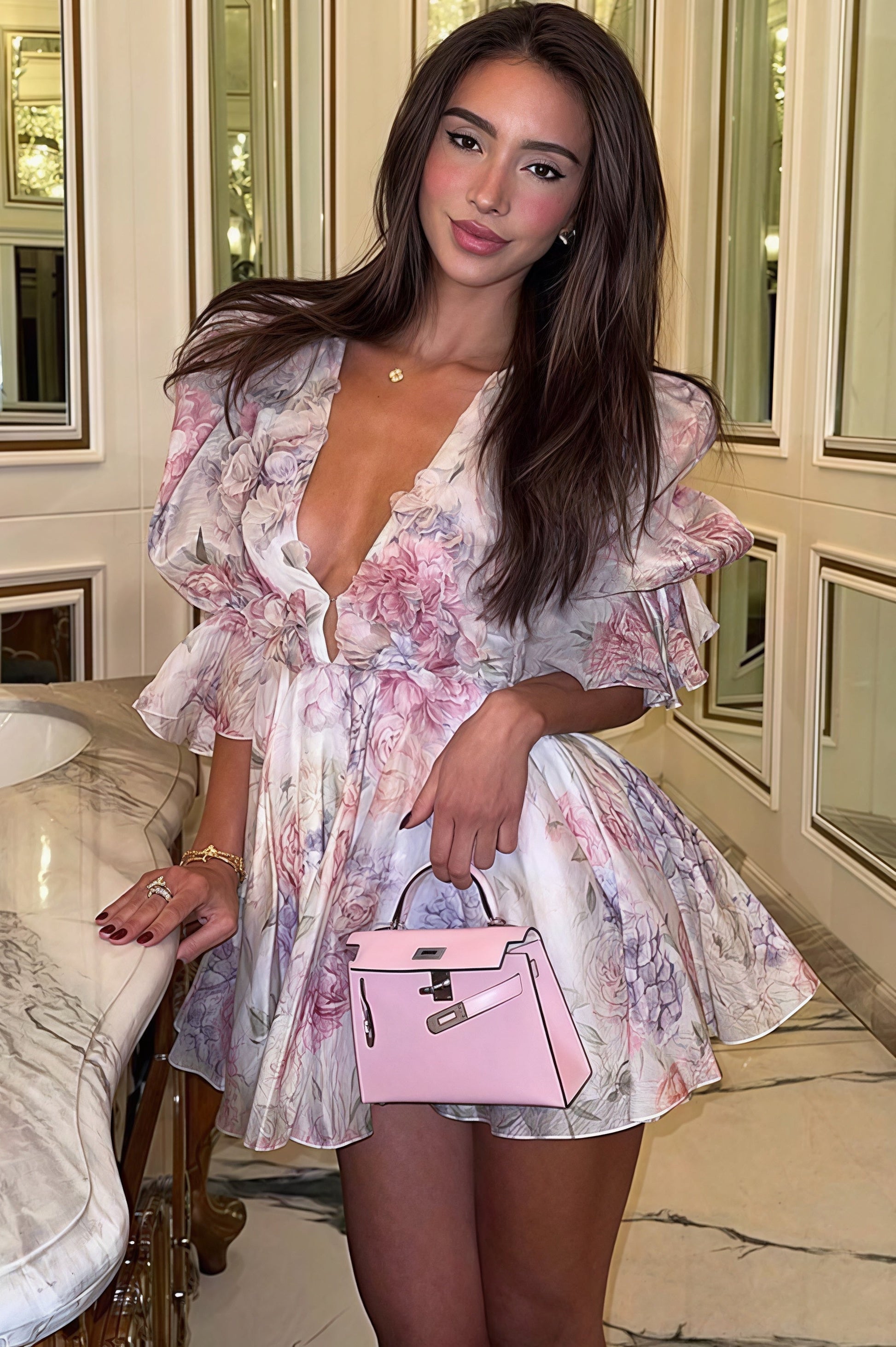 Floral Chiffon Deep V-Neck Puff Sleeve Ruffle Hem A-Line Mini Dress