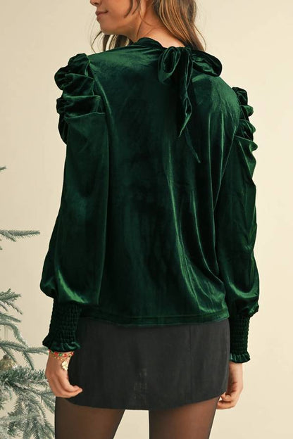 Green Keyhole Neck Puff Sleeve Velvet Blouse