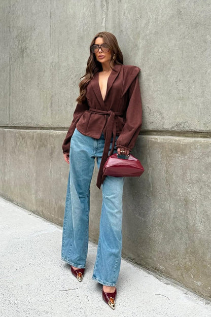 Vintage Wine Red Suede Tie-Waist V-Neck Coat