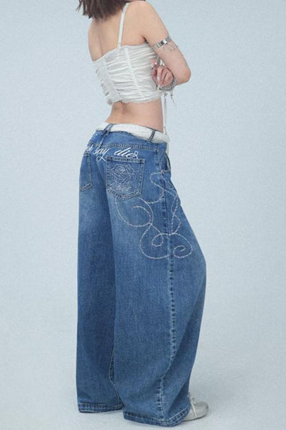 Embroidered High Rise Wide Leg Jean