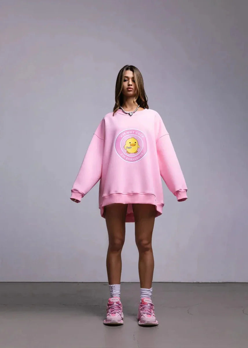 Charming Duck Graphic Oversized Pink Sweatshirt