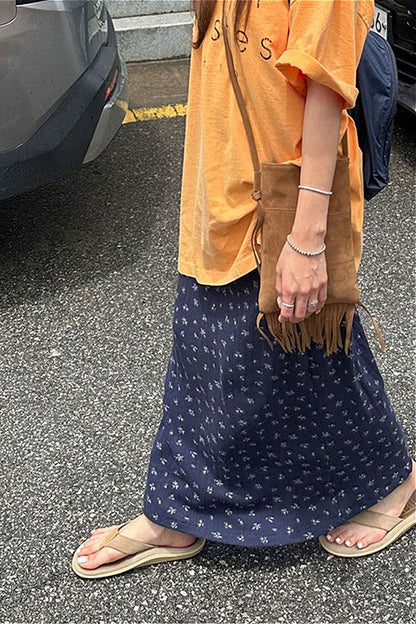 Drawstring Floral Print Navy Casual Skirt