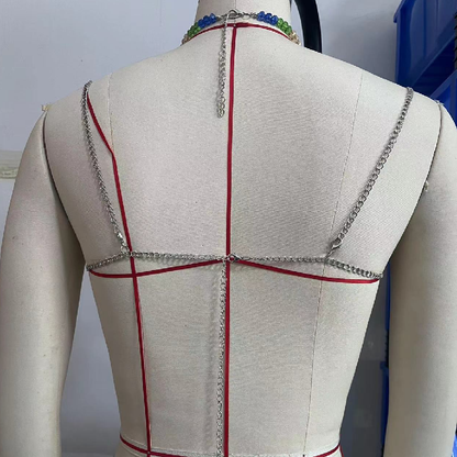 Beaded contrast halter hollow out tassels backless cami cut out top