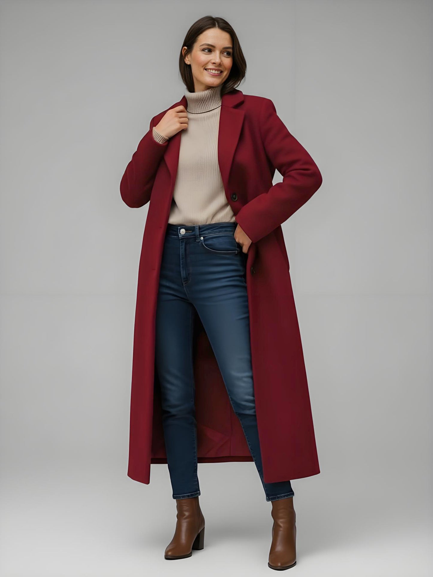 Woolen Long Straight Coat With Single-Breasted And Classic Notch Lapel For Women 2026