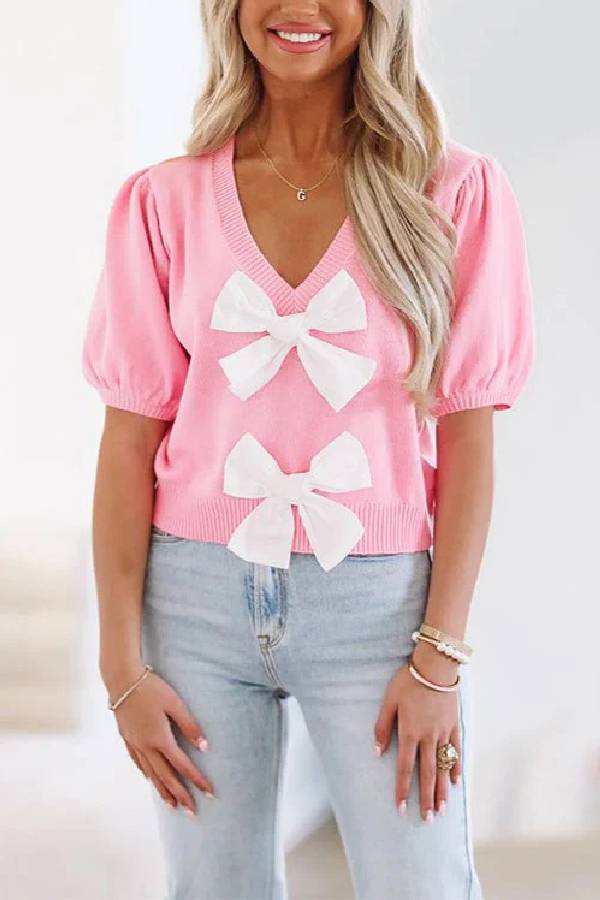 V Neck Short Sleeves Bow Knot Knit Top