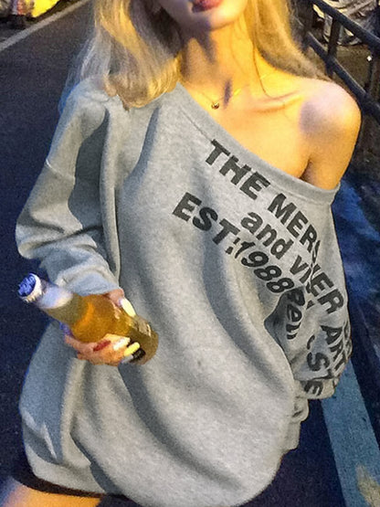 Long Sleeves With Slanted Shoulder Lettering Design Sweatshirts