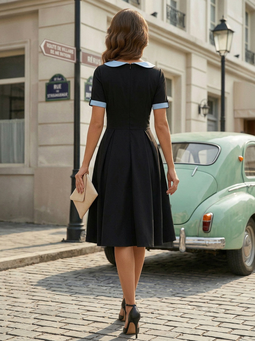 Contrast Peter Pan Collar A-line Summer Swing Midi Dress For Women 2026