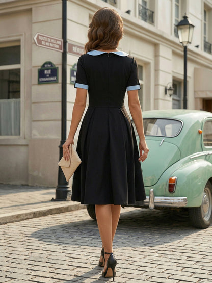 Contrast Peter Pan Collar A-line Summer Swing Midi Dress For Women 2026