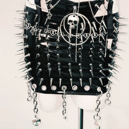 Metal chain v neck halter o ring rivet applique mini skirt set