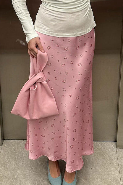 High Waist Satin Floral Print Drape Skirt