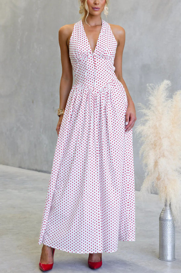 Polka Dot Print Halter Neck Fitted Waist Holiday Maxi Dress