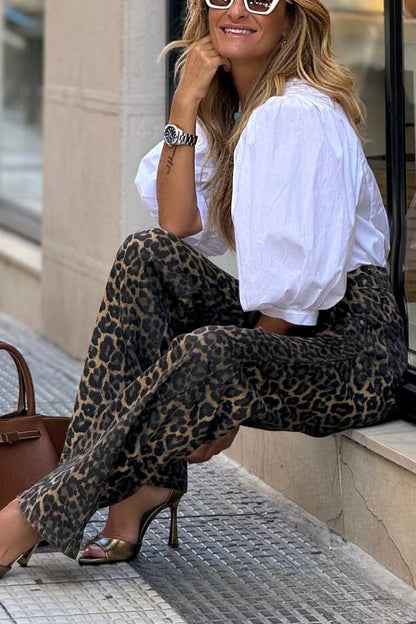 Wild Feel Denim Leopard Print High Rise Wide Leg Pocketed Jeans