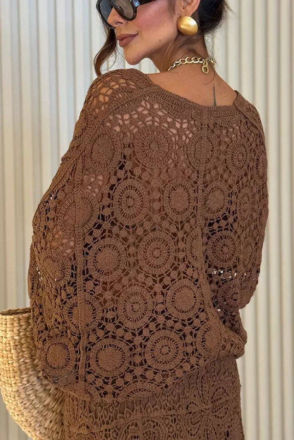Anina Knit Crochet Cutout Button Up Batwing Half Sleeve Loose Cover-up Top