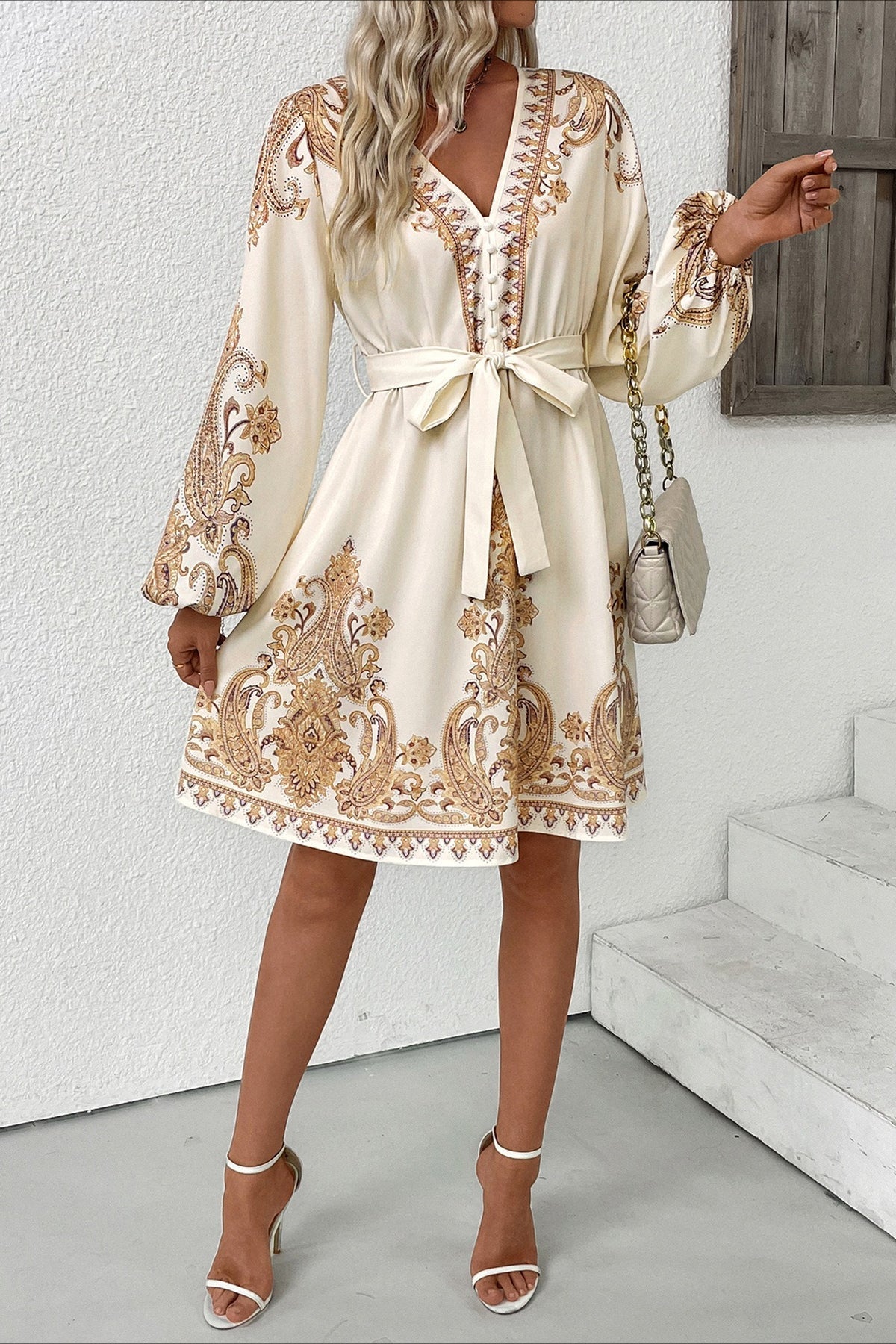 Paisley Print Deep V Balloon Sleeve Button Front Tie Waist Mini Dress