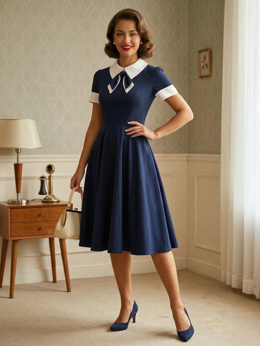 Vintage 1950s Swing Cocktail Dress for Women - V Neck Short Sleeve A-Line Ruched Bust Rockabilly Midi Gown - Wedding Guest 2026