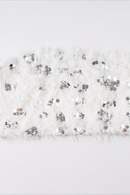 White Sequin Faux Fur Bustier Crop Top