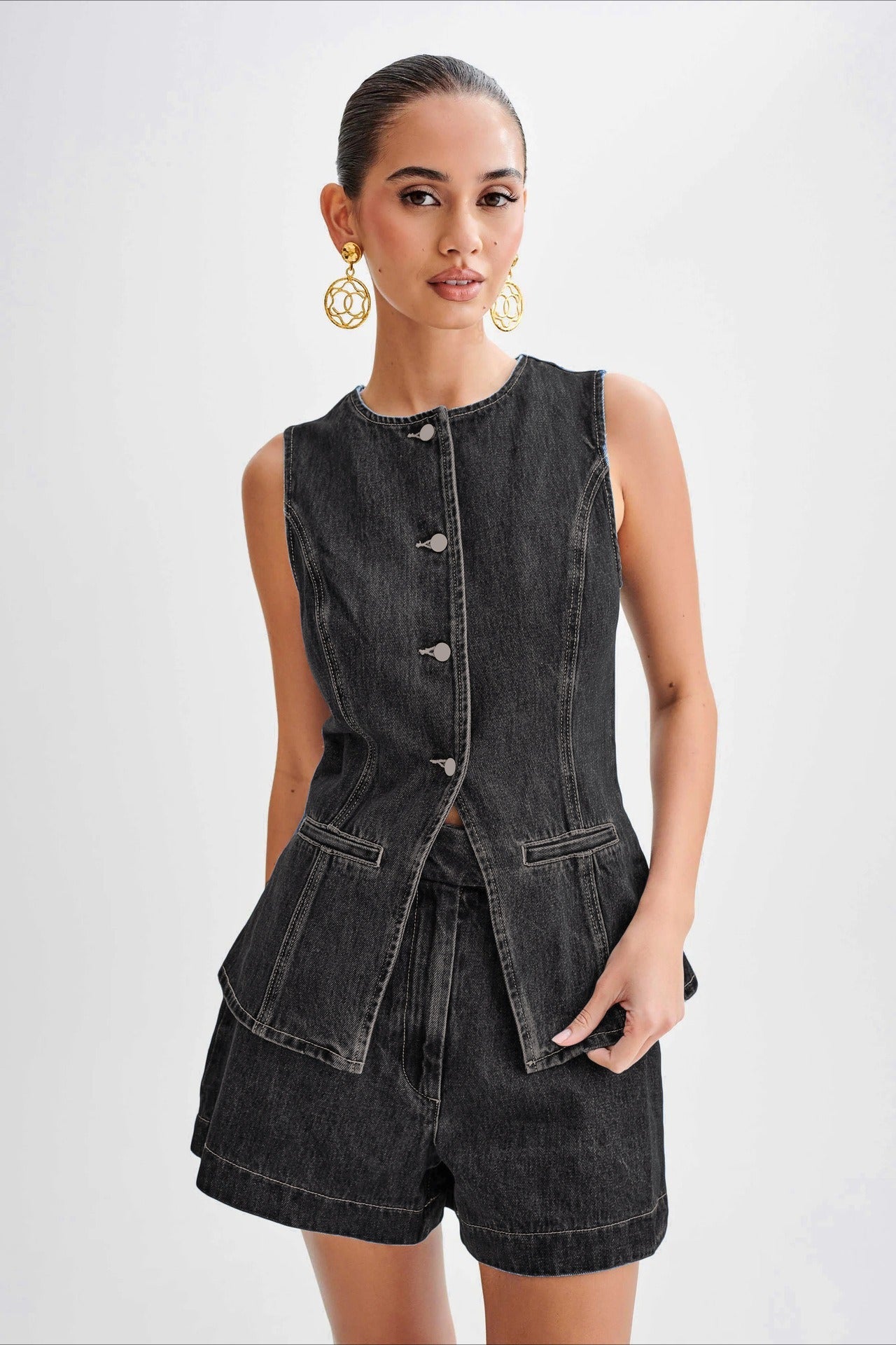 Casual High Waist Vest Denim Shorts Set