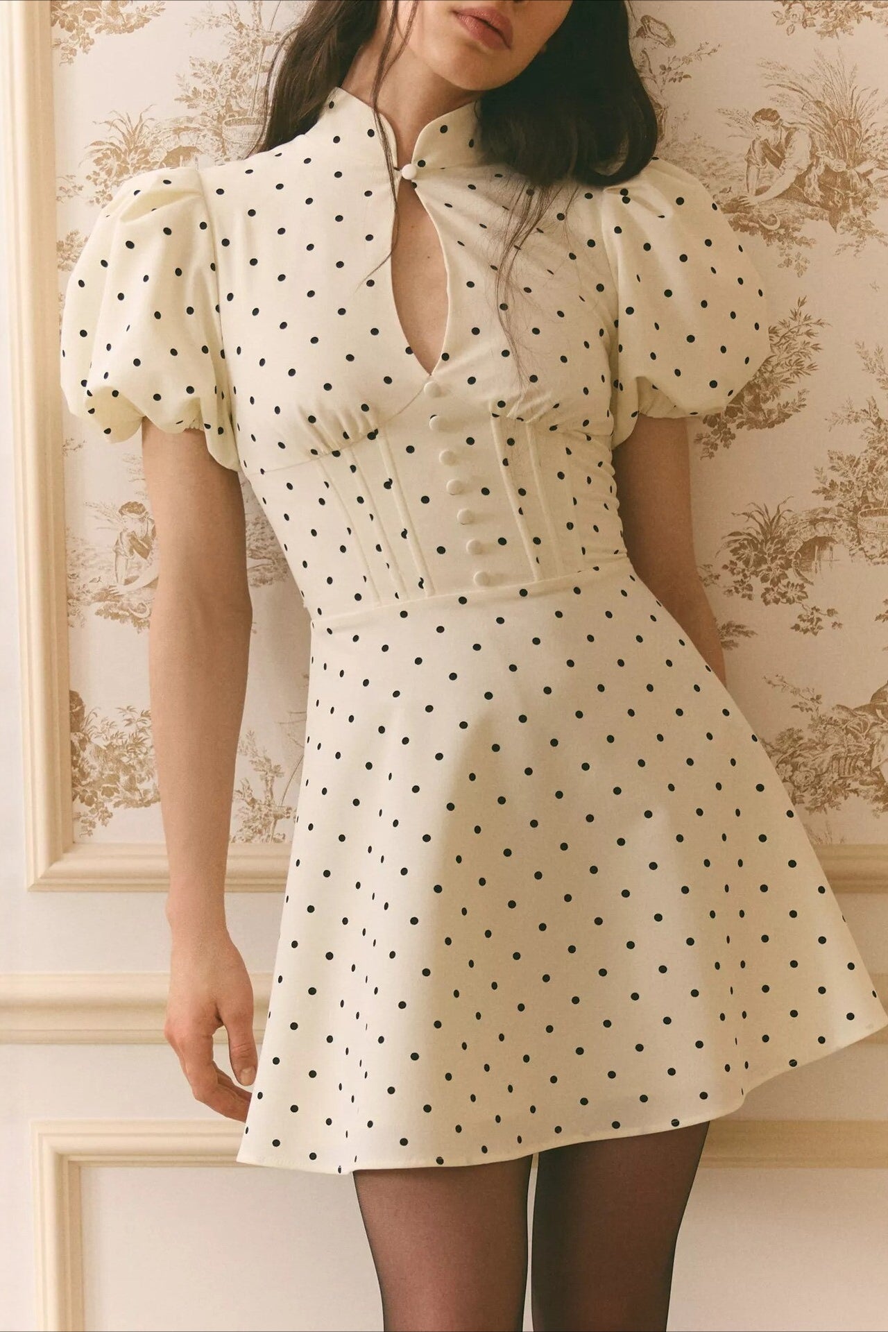 Polka Dot Mandarin Collar Keyhole Puff Sleeve Corset Waist Button Front Mini Dress