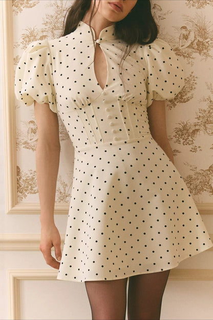 Polka Dot Mandarin Collar Keyhole Puff Sleeve Corset Waist Button Front Mini Dress