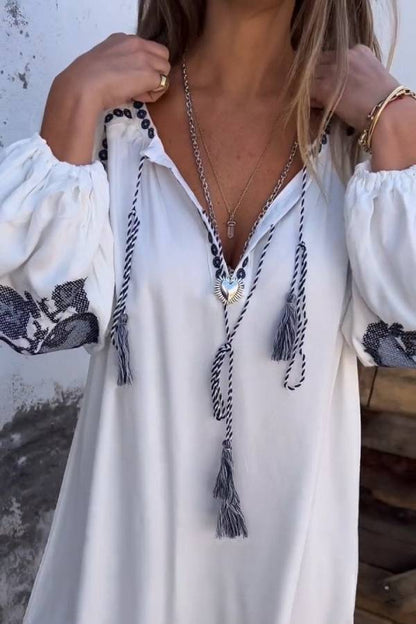 V-neck Bell Sleeve Embroidered Dress